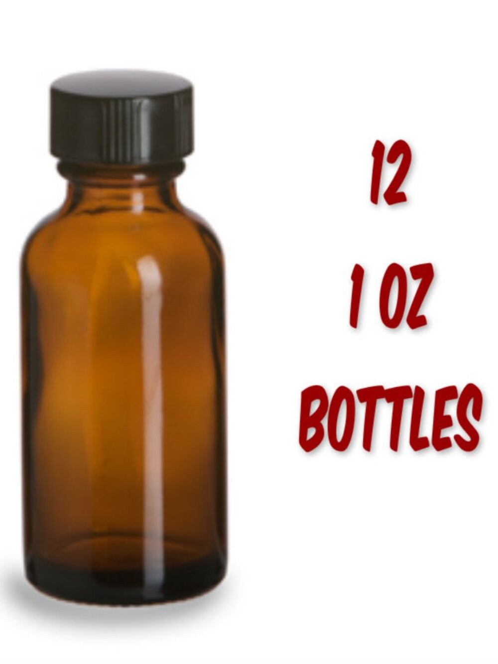 12 (Twelve) 1 oz Amber Glass Boston Round Bottles + Black Screw Top NWOT